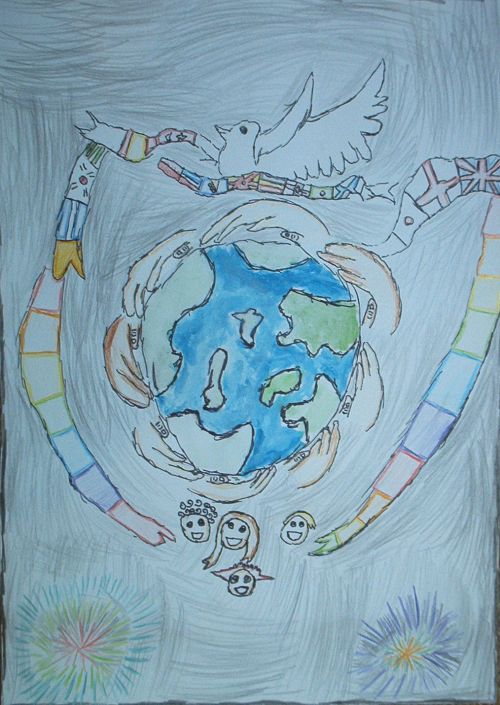 Winner Yr 3-4, world surrounded by hands with a dove at the top